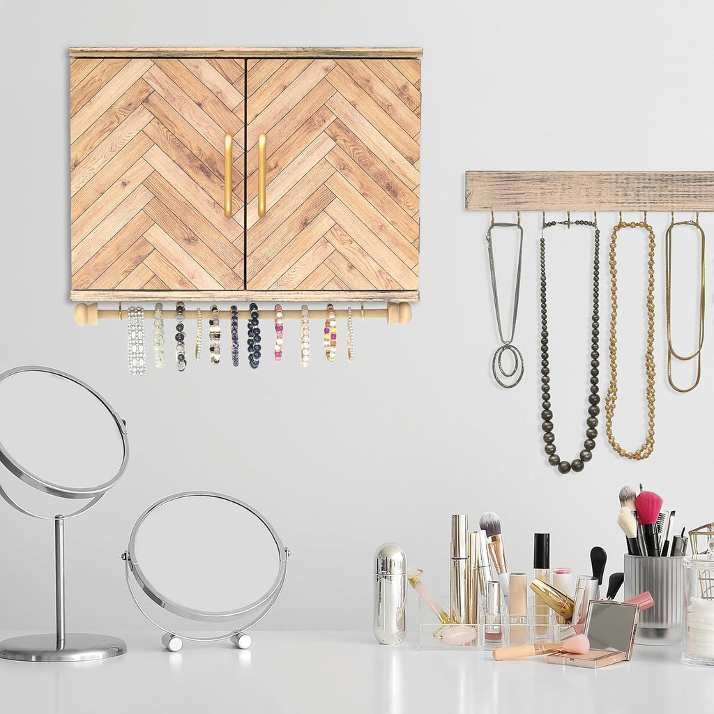 Wall Mounted Jewelry Organizer with Herringbone Wood Pattern