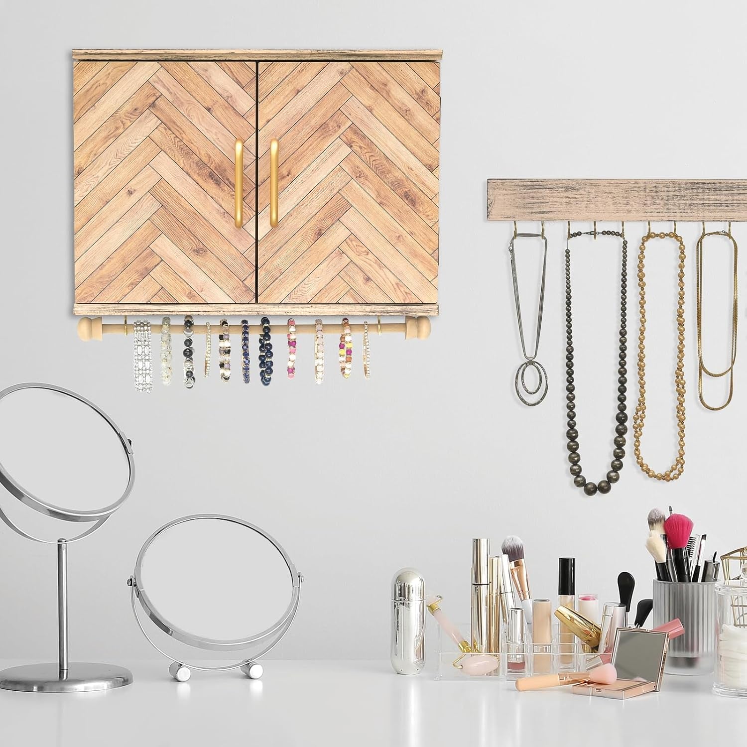 Wall Mounted Jewelry Organizer with Herringbone Wood Pattern
