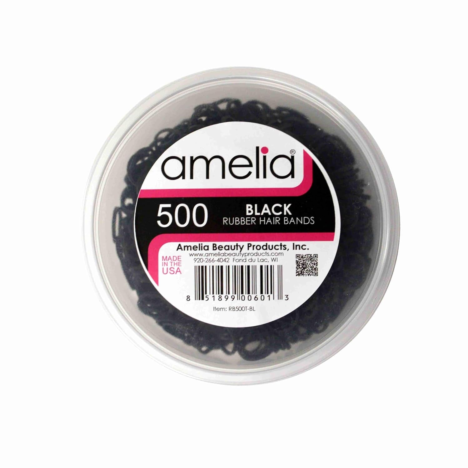 Amelia Beauty 500 Count Small Rubber Bands for Hair – ½" Black- Made in USA - Recloseable Container - Mini Hair Elastics for Braids, Ponytails, Cornrows & Twists – Strong Hold Ponytail Holders