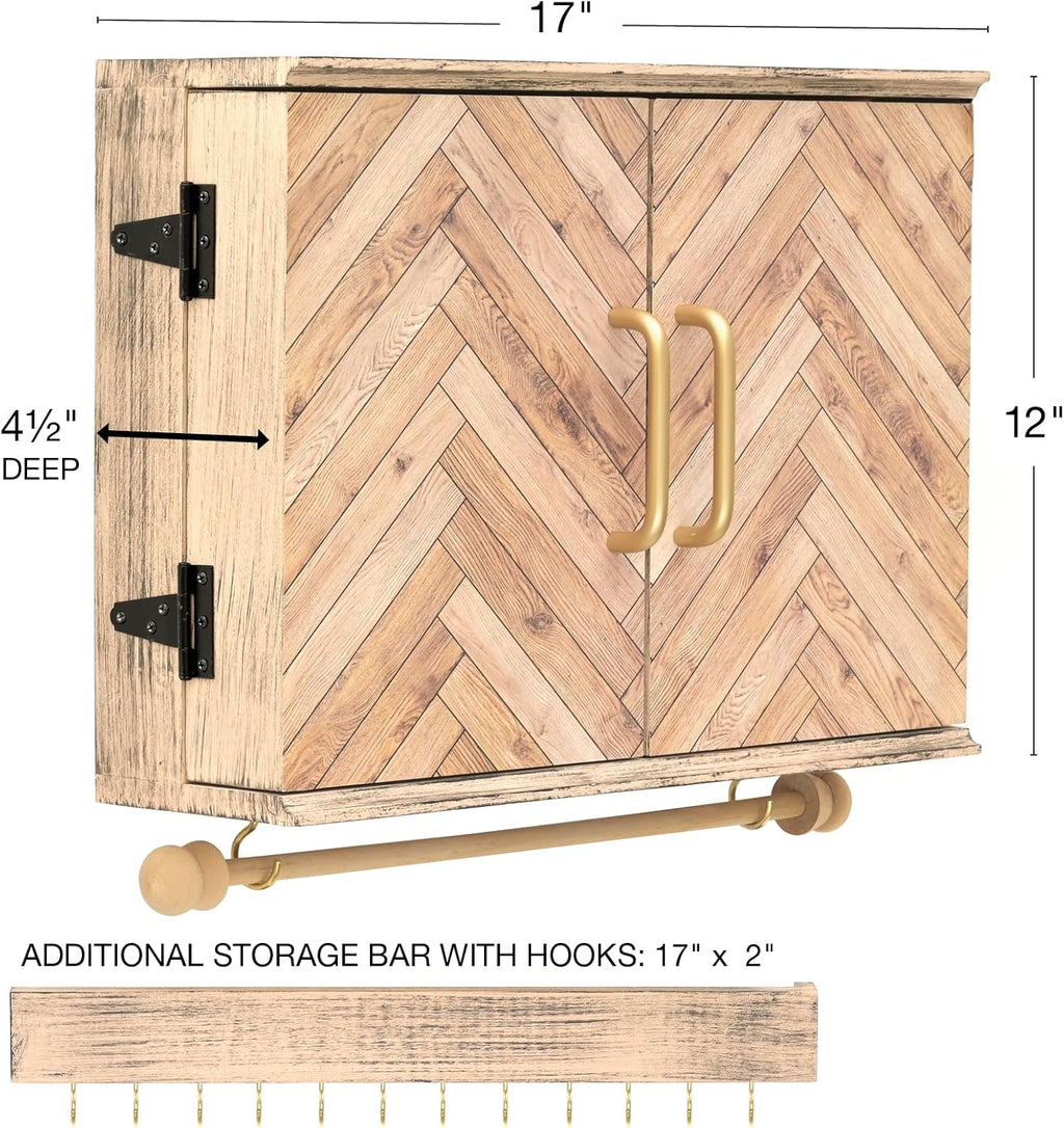 Wall Mounted Jewelry Organizer with Herringbone Wood Pattern