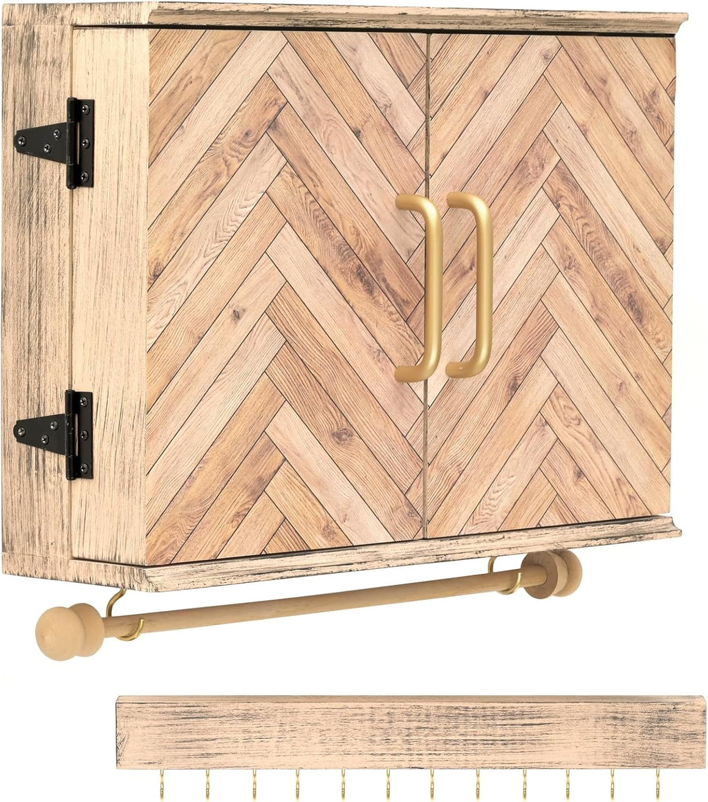 Wall Mounted Jewelry Organizer with Herringbone Wood Pattern