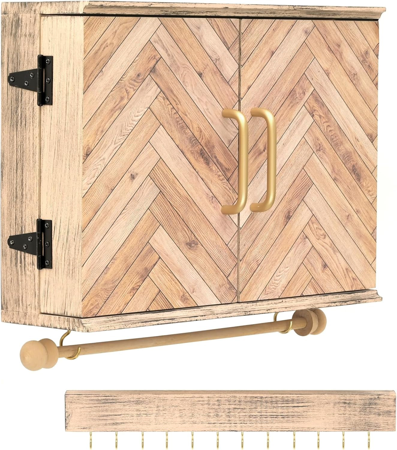 Wall Mounted Jewelry Organizer with Herringbone Wood Pattern