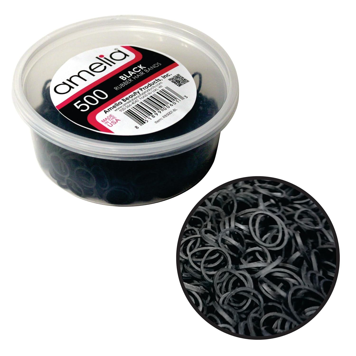 Amelia Beauty 500 Count Small Rubber Bands for Hair – ½" Black- Made in USA - Recloseable Container - Mini Hair Elastics for Braids, Ponytails, Cornrows & Twists – Strong Hold Ponytail Holders