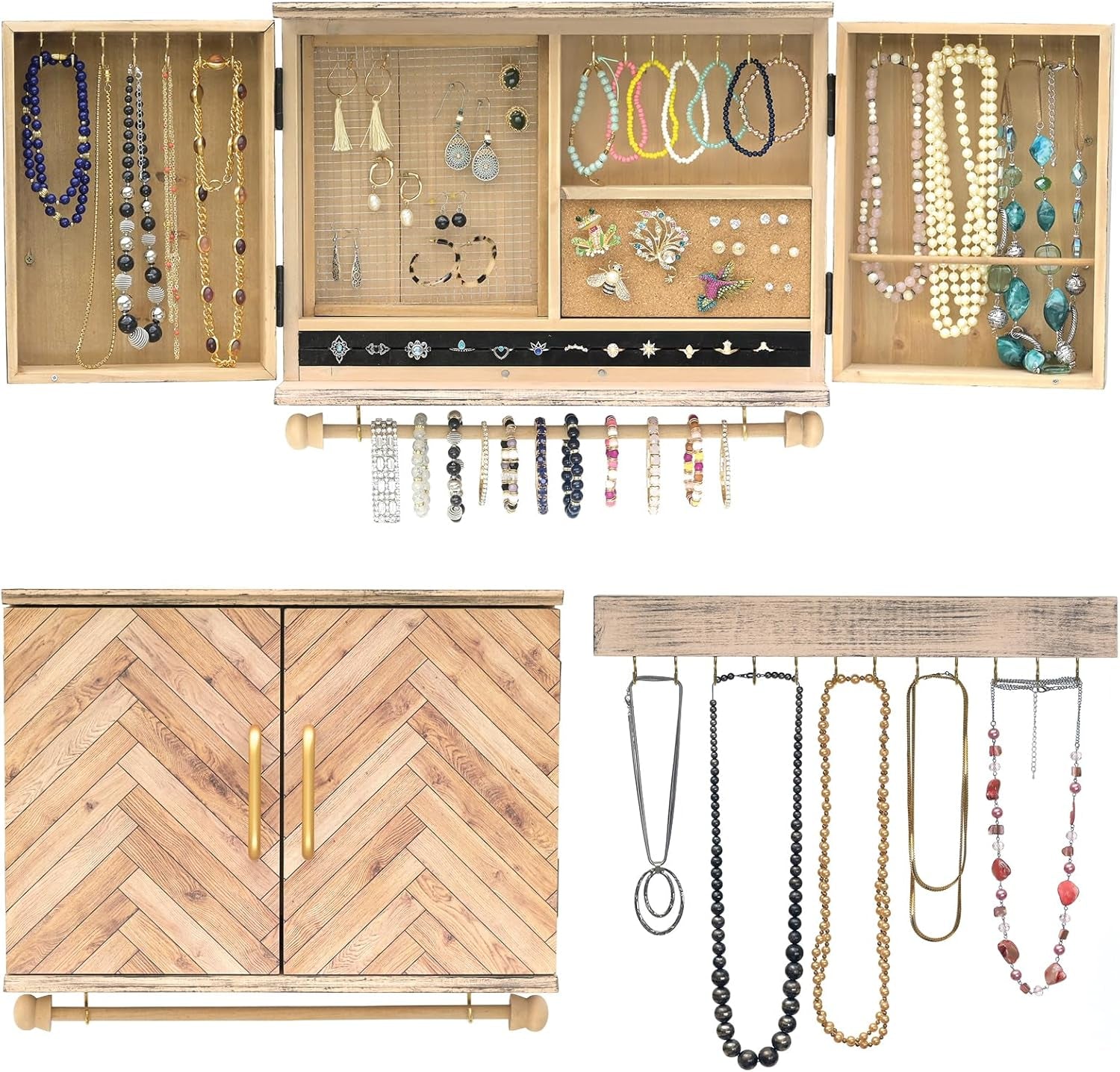 Wall Mounted Jewelry Organizer with Herringbone Wood Pattern