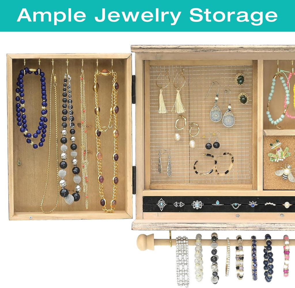 Wall Mounted Jewelry Organizer with Herringbone Wood Pattern