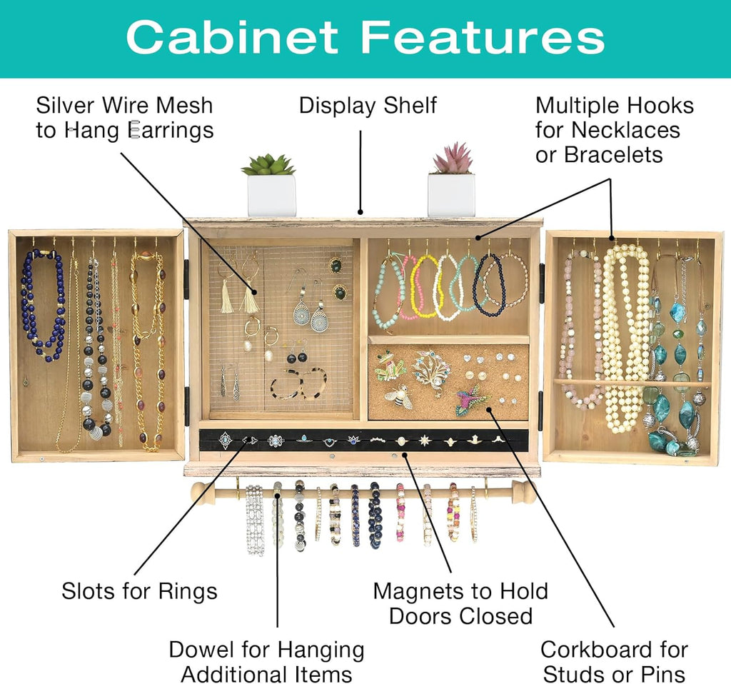 Wall Mounted Jewelry Organizer with Herringbone Wood Pattern