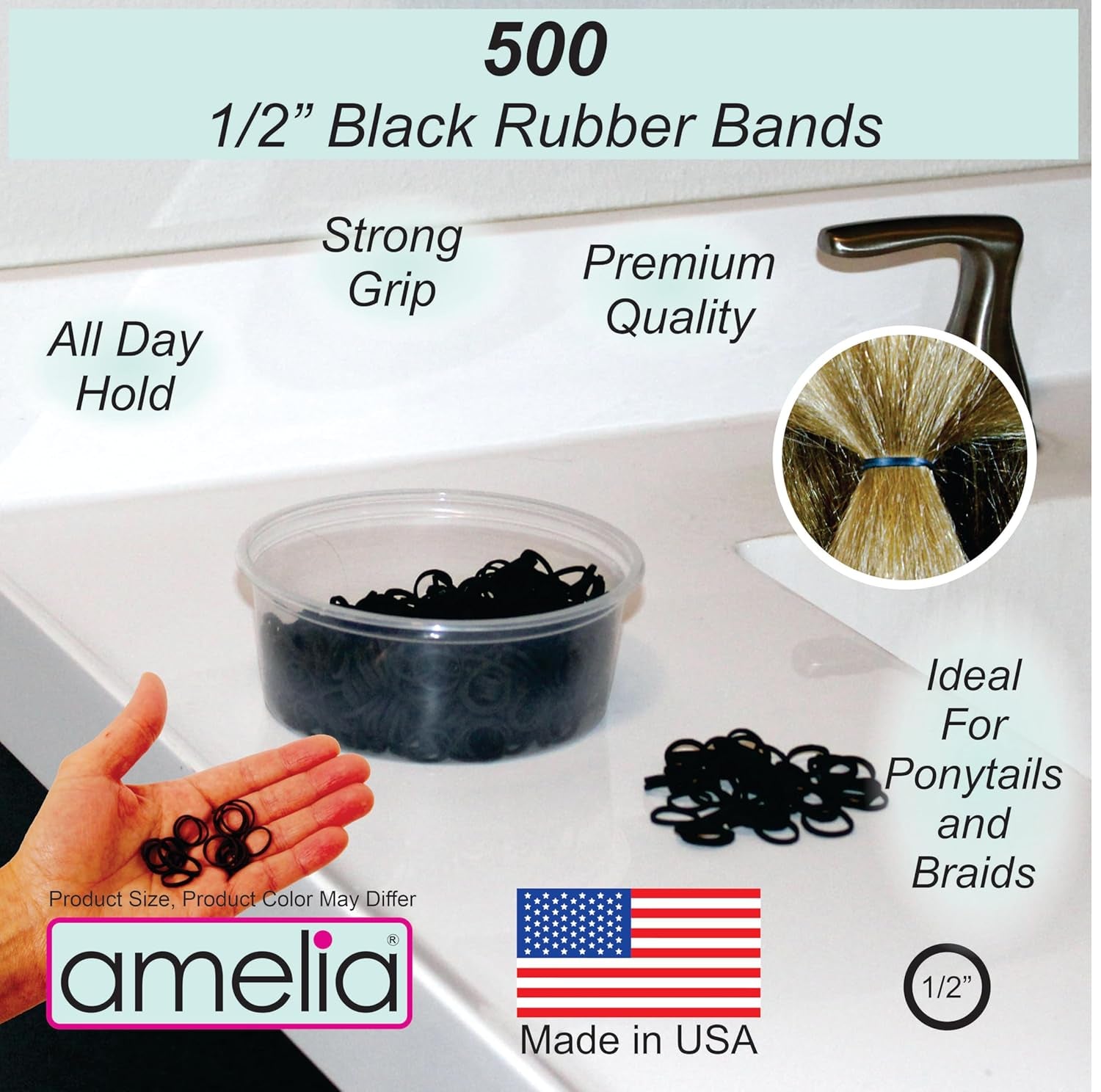 Amelia Beauty 500 Count Small Rubber Bands for Hair – ½" Black- Made in USA - Recloseable Container - Mini Hair Elastics for Braids, Ponytails, Cornrows & Twists – Strong Hold Ponytail Holders